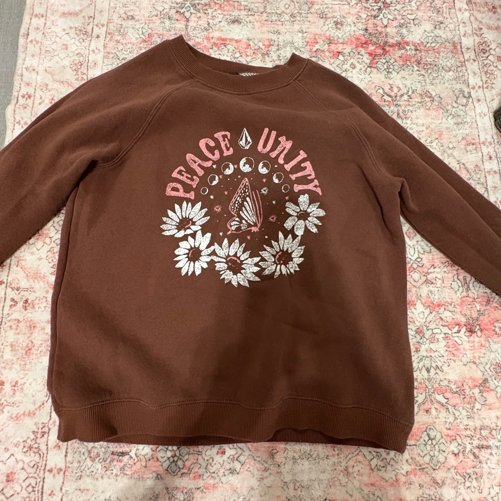 Volcom Brown Crewneck Sweater with Peace & Unity Design